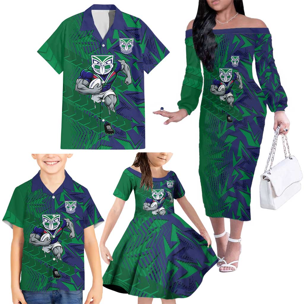 New Zealand Warriors Rugby Family Matching Off The Shoulder Long Sleeve Dress and Hawaiian Shirt Fierce Mascot Geometric Tribal Art