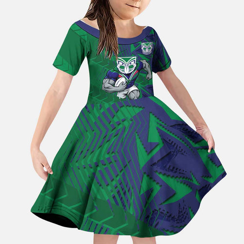 New Zealand Warriors Rugby Family Matching Off The Shoulder Long Sleeve Dress and Hawaiian Shirt Fierce Mascot Geometric Tribal Art