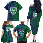 New Zealand Warriors Rugby Family Matching Off The Shoulder Long Sleeve Dress and Hawaiian Shirt Fierce Mascot Geometric Tribal Art