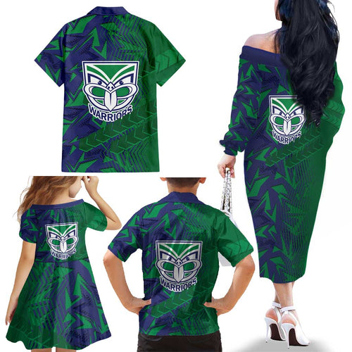 New Zealand Warriors Rugby Family Matching Off The Shoulder Long Sleeve Dress and Hawaiian Shirt Fierce Mascot Geometric Tribal Art
