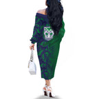 New Zealand Warriors Rugby Family Matching Off The Shoulder Long Sleeve Dress and Hawaiian Shirt Fierce Mascot Geometric Tribal Art