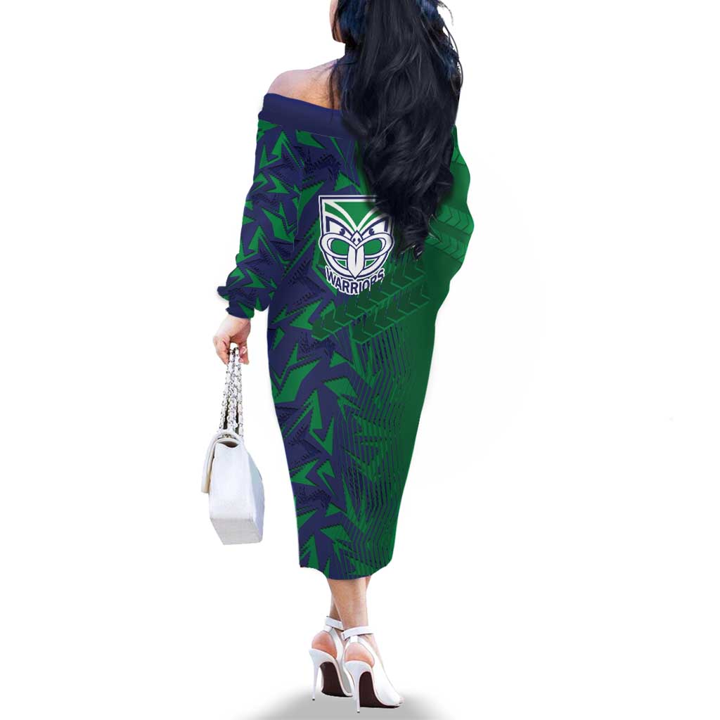 New Zealand Warriors Rugby Family Matching Off The Shoulder Long Sleeve Dress and Hawaiian Shirt Fierce Mascot Geometric Tribal Art