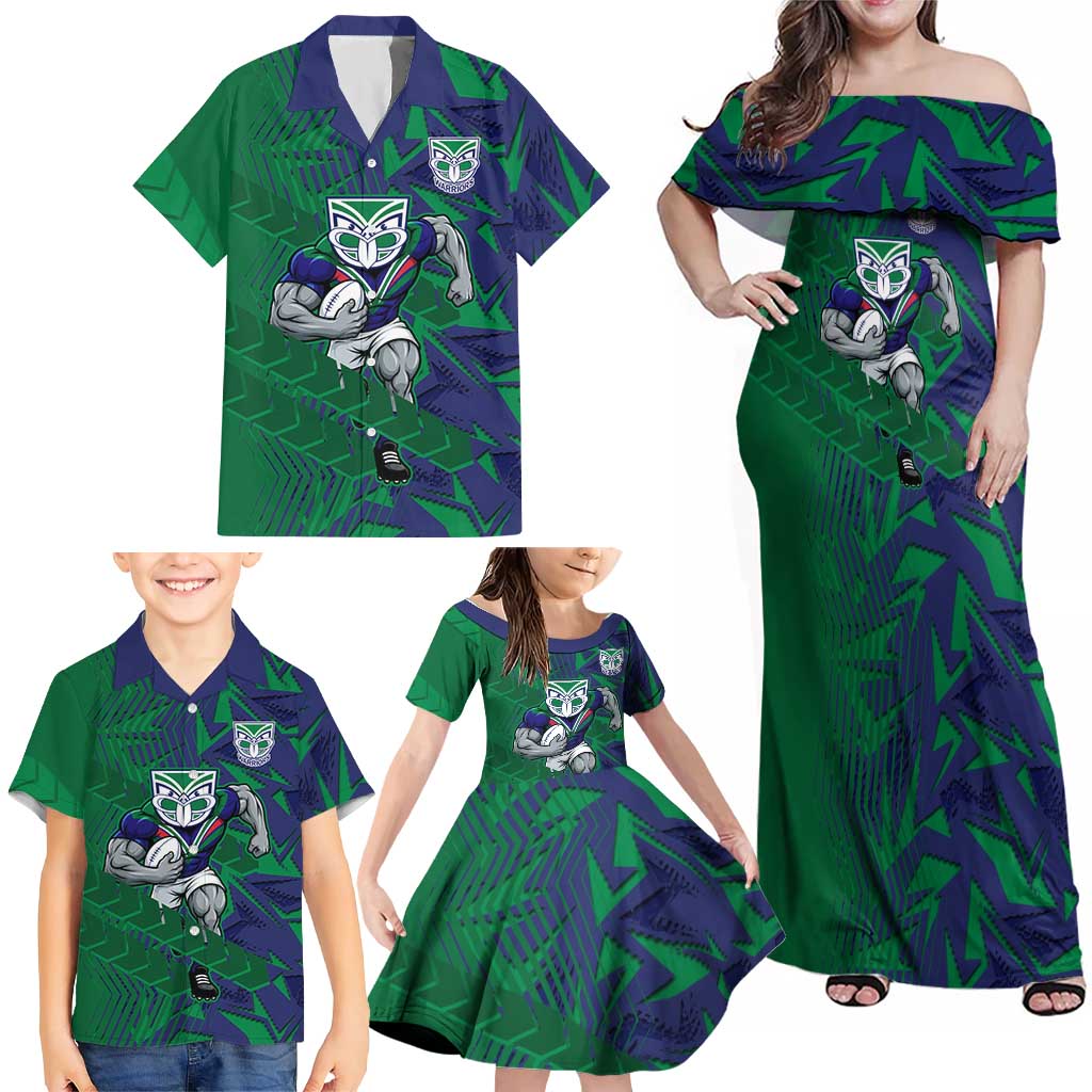 New Zealand Warriors Rugby Family Matching Off Shoulder Maxi Dress and Hawaiian Shirt Fierce Mascot Geometric Tribal Art