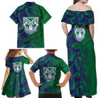 New Zealand Warriors Rugby Family Matching Off Shoulder Maxi Dress and Hawaiian Shirt Fierce Mascot Geometric Tribal Art