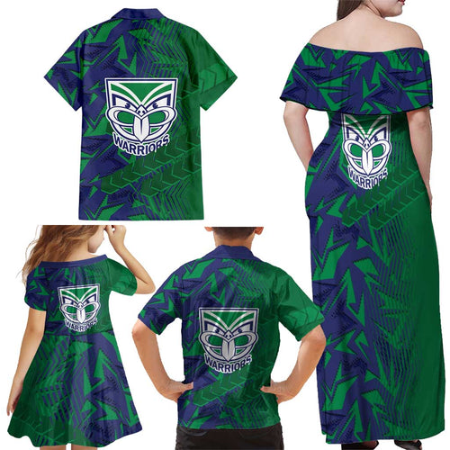 New Zealand Warriors Rugby Family Matching Off Shoulder Maxi Dress and Hawaiian Shirt Fierce Mascot Geometric Tribal Art