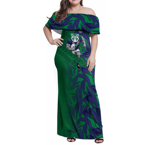 New Zealand Warriors Rugby Family Matching Off Shoulder Maxi Dress and Hawaiian Shirt Fierce Mascot Geometric Tribal Art