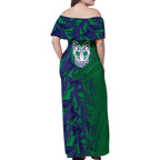 New Zealand Warriors Rugby Family Matching Off Shoulder Maxi Dress and Hawaiian Shirt Fierce Mascot Geometric Tribal Art