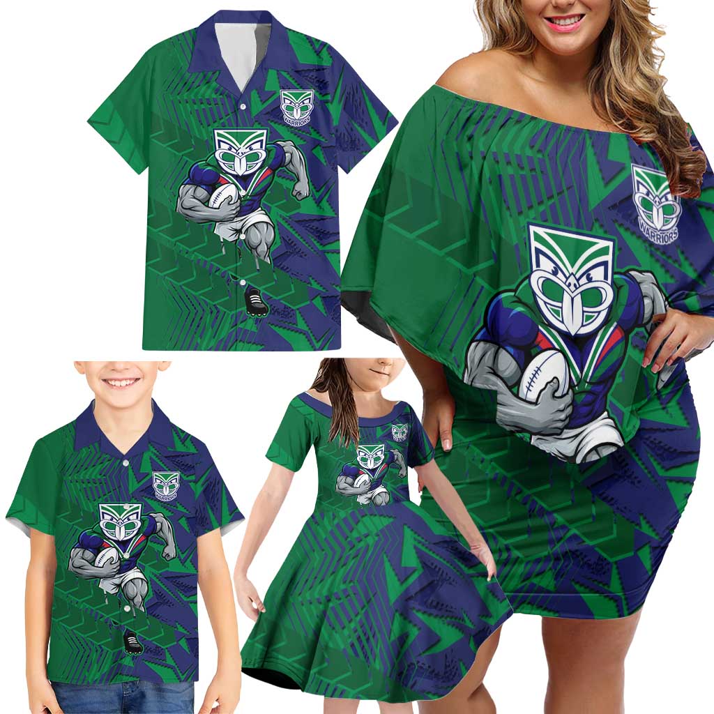 New Zealand Warriors Rugby Family Matching Off Shoulder Short Dress and Hawaiian Shirt Fierce Mascot Geometric Tribal Art