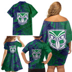New Zealand Warriors Rugby Family Matching Off Shoulder Short Dress and Hawaiian Shirt Fierce Mascot Geometric Tribal Art