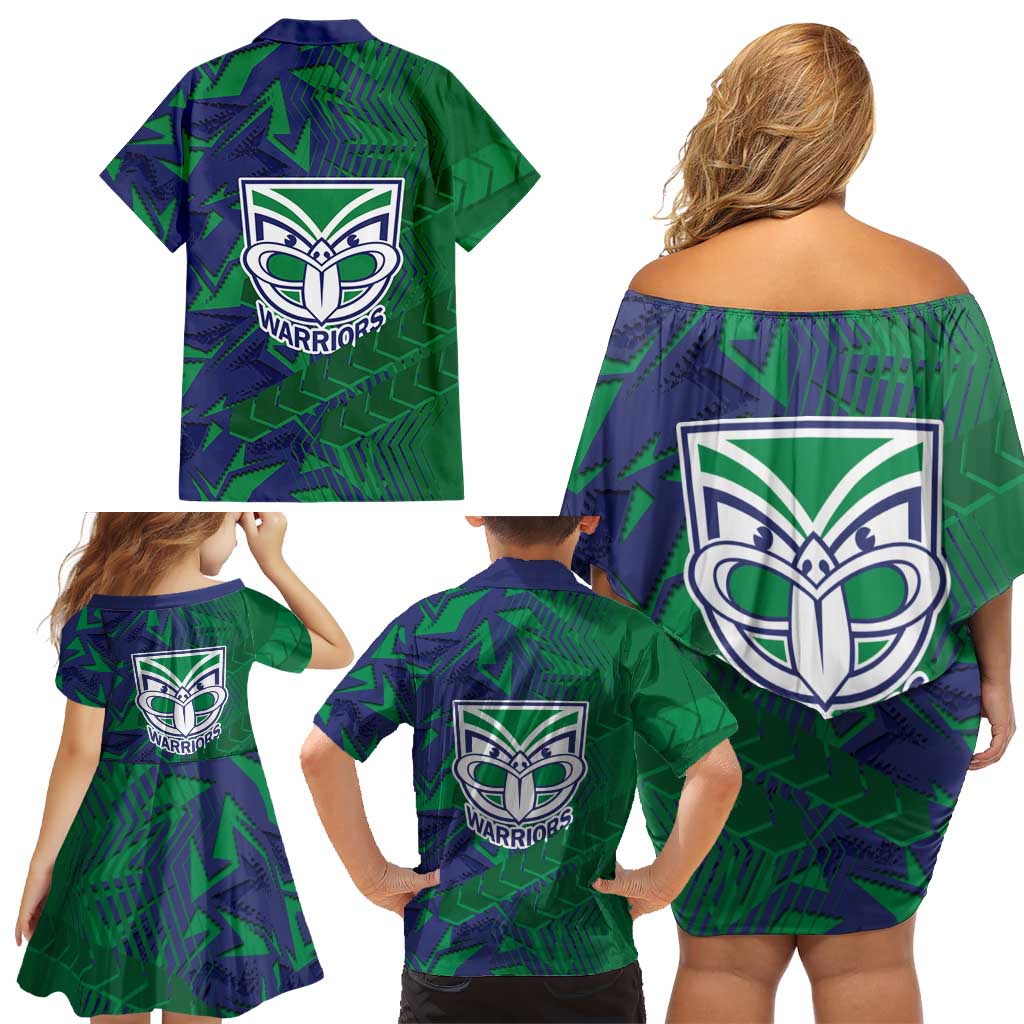 New Zealand Warriors Rugby Family Matching Off Shoulder Short Dress and Hawaiian Shirt Fierce Mascot Geometric Tribal Art
