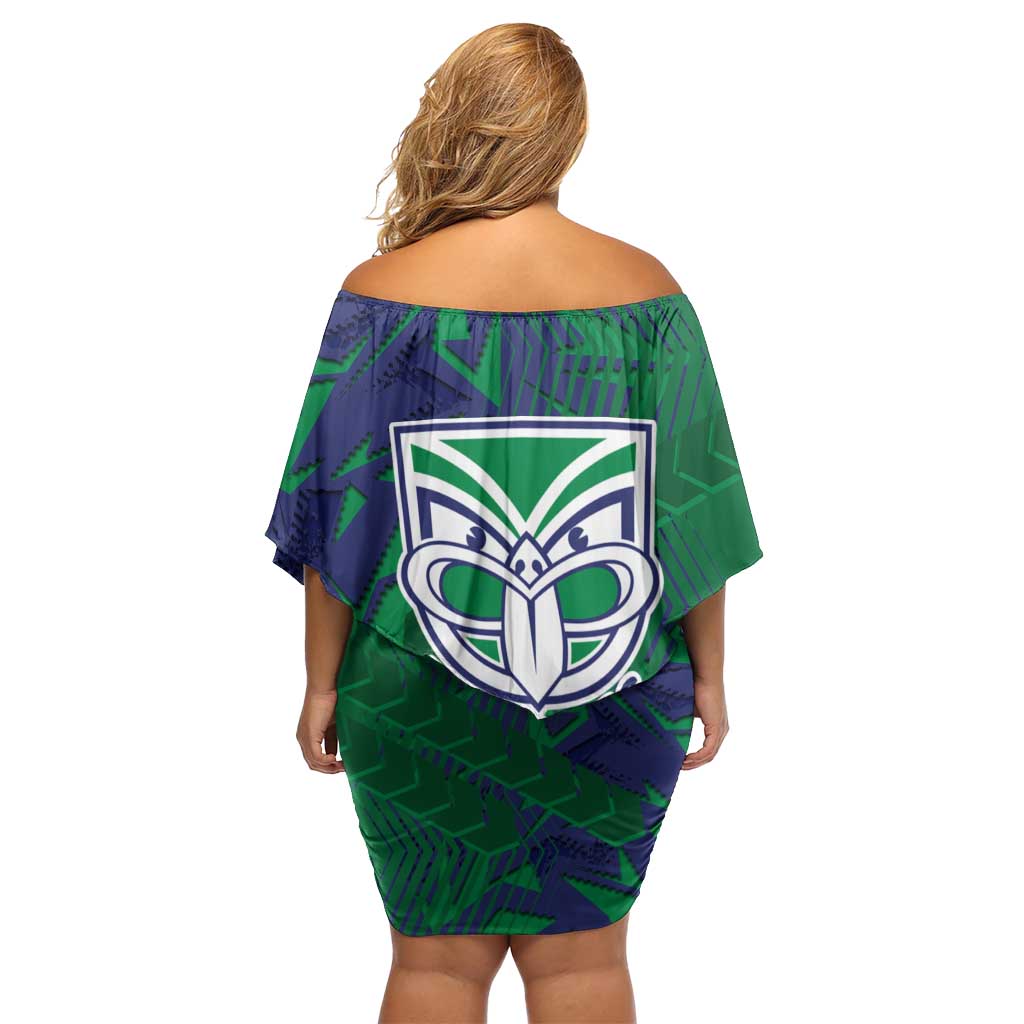 New Zealand Warriors Rugby Family Matching Off Shoulder Short Dress and Hawaiian Shirt Fierce Mascot Geometric Tribal Art