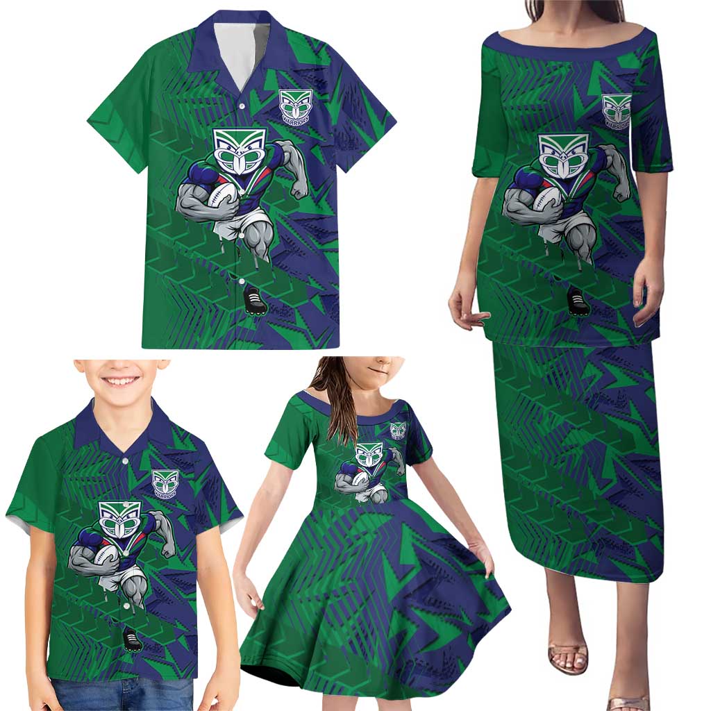 New Zealand Warriors Rugby Family Matching Puletasi and Hawaiian Shirt Fierce Mascot Geometric Tribal Art