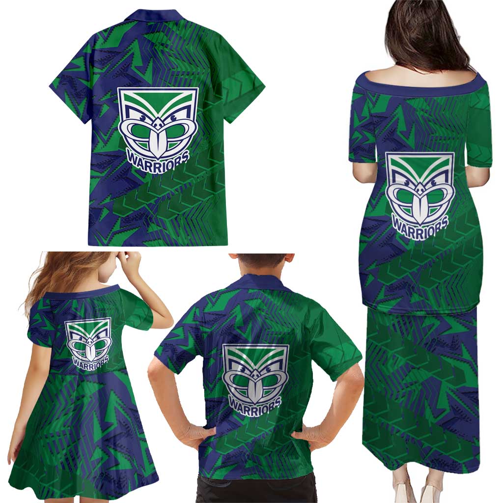 New Zealand Warriors Rugby Family Matching Puletasi and Hawaiian Shirt Fierce Mascot Geometric Tribal Art
