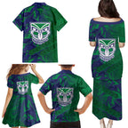 New Zealand Warriors Rugby Family Matching Puletasi and Hawaiian Shirt Fierce Mascot Geometric Tribal Art