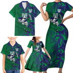 New Zealand Warriors Rugby Family Matching Short Sleeve Bodycon Dress and Hawaiian Shirt Fierce Mascot Geometric Tribal Art