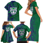 New Zealand Warriors Rugby Family Matching Short Sleeve Bodycon Dress and Hawaiian Shirt Fierce Mascot Geometric Tribal Art