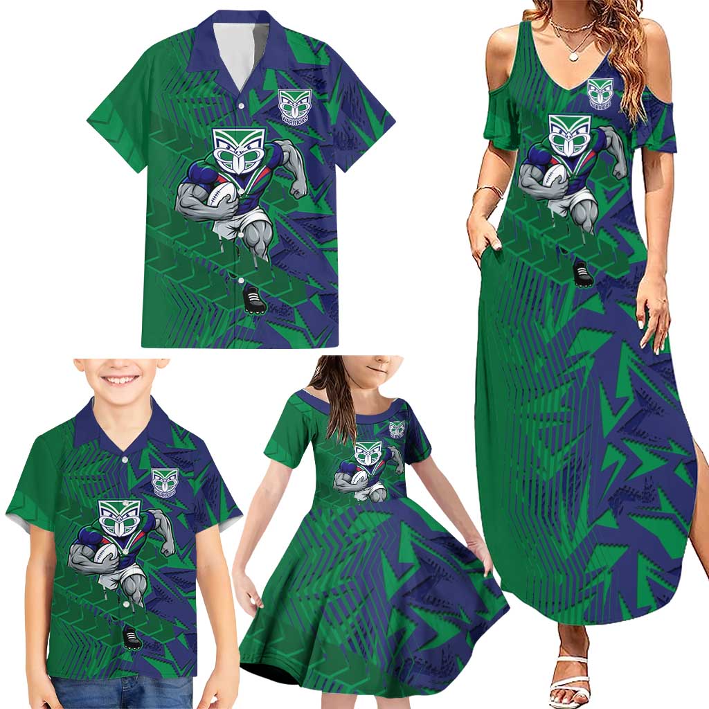 New Zealand Warriors Rugby Family Matching Summer Maxi Dress and Hawaiian Shirt Fierce Mascot Geometric Tribal Art