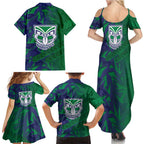 New Zealand Warriors Rugby Family Matching Summer Maxi Dress and Hawaiian Shirt Fierce Mascot Geometric Tribal Art