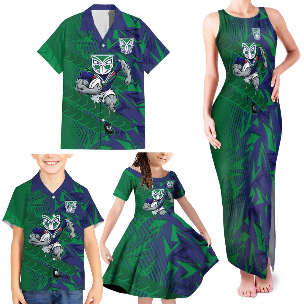 New Zealand Warriors Rugby Family Matching Tank Maxi Dress and Hawaiian Shirt Fierce Mascot Geometric Tribal Art
