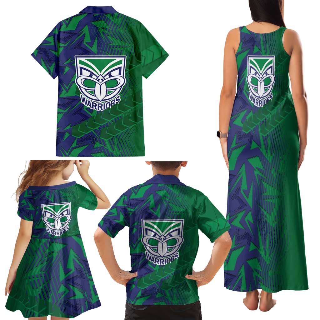 New Zealand Warriors Rugby Family Matching Tank Maxi Dress and Hawaiian Shirt Fierce Mascot Geometric Tribal Art