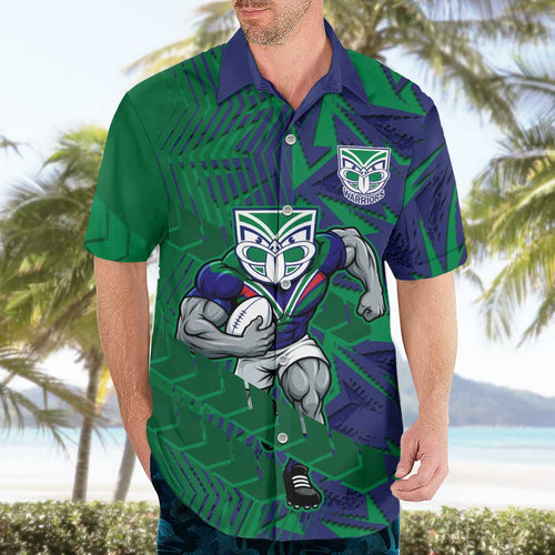 New Zealand Warriors Rugby Hawaiian Shirt Fierce Mascot Geometric Tribal Art