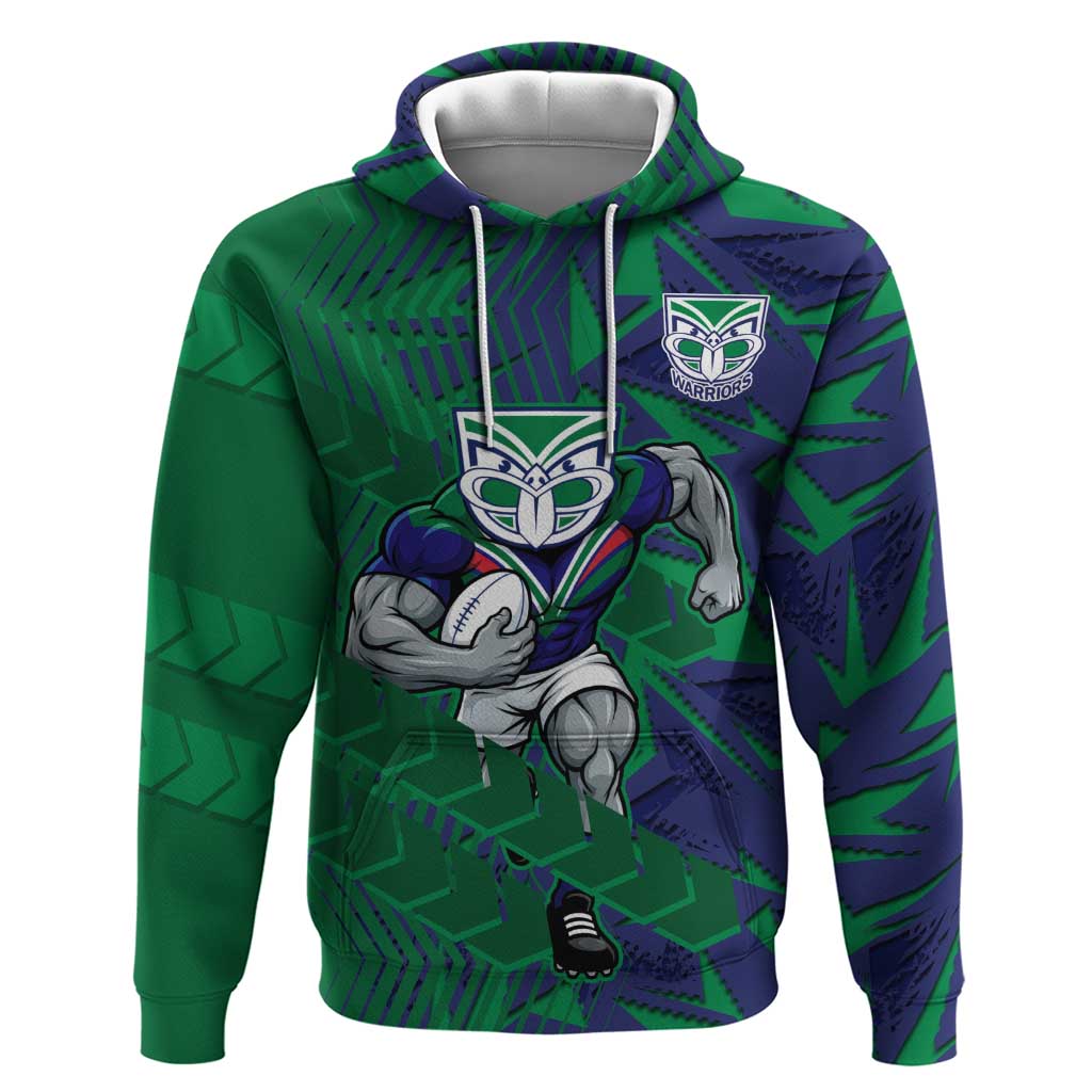 New Zealand Warriors Rugby Hoodie Fierce Mascot Geometric Tribal Art