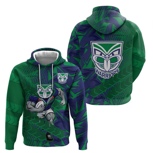 New Zealand Warriors Rugby Hoodie Fierce Mascot Geometric Tribal Art