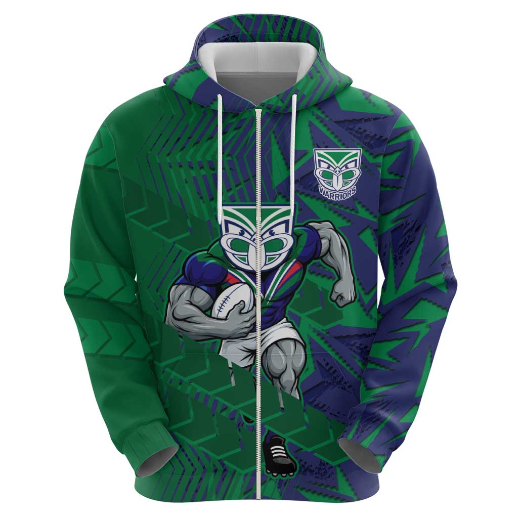 New Zealand Warriors Rugby Hoodie Fierce Mascot Geometric Tribal Art