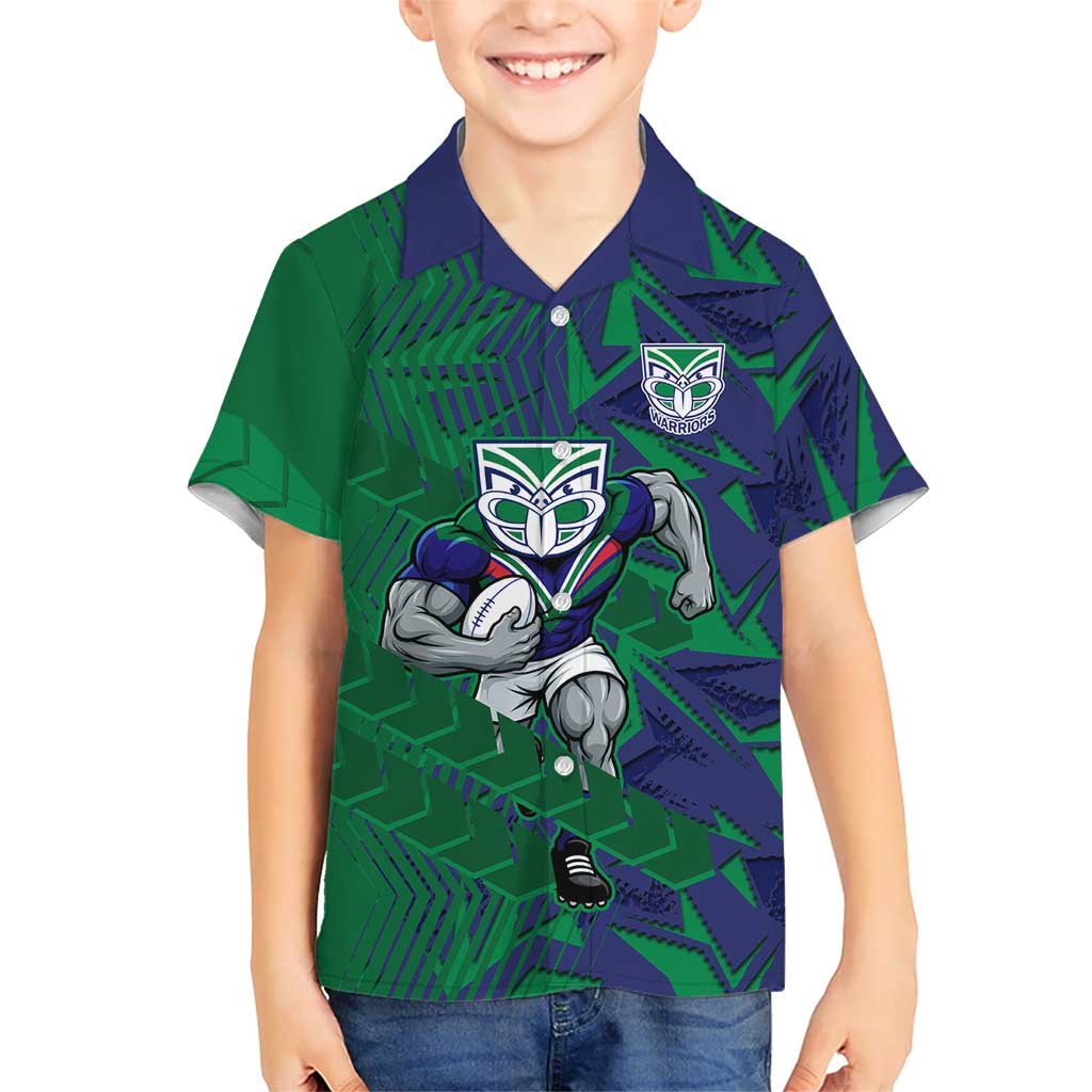 New Zealand Warriors Rugby Kid Hawaiian Shirt Fierce Mascot Geometric Tribal Art