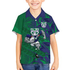 New Zealand Warriors Rugby Kid Hawaiian Shirt Fierce Mascot Geometric Tribal Art