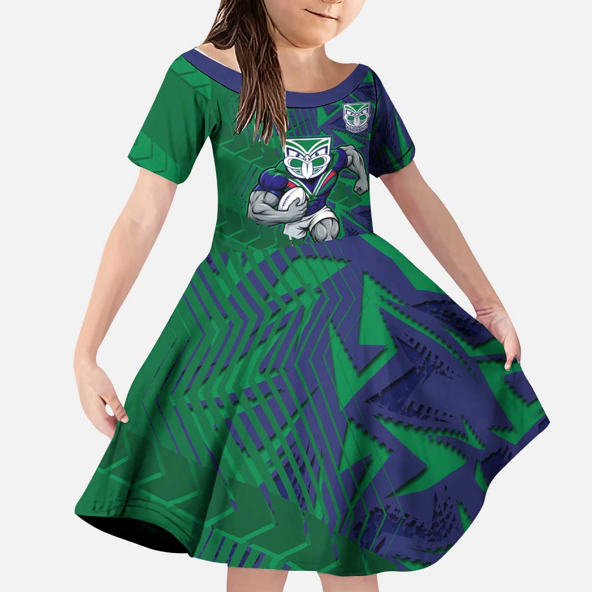 New Zealand Warriors Rugby Kid Short Sleeve Dress Fierce Mascot Geometric Tribal Art