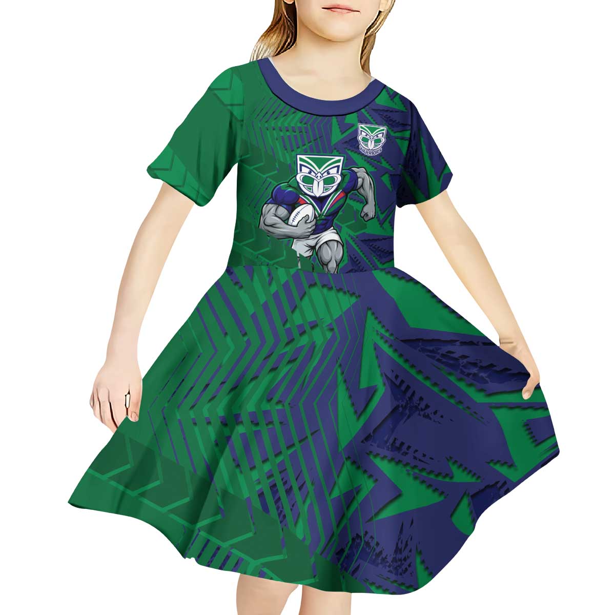 New Zealand Warriors Rugby Kid Short Sleeve Dress Fierce Mascot Geometric Tribal Art