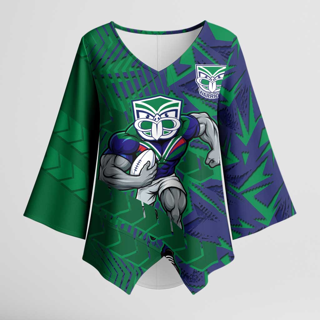 New Zealand Warriors Rugby Kimono Sleeve Blouse Fierce Mascot Geometric Tribal Art
