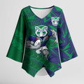 New Zealand Warriors Rugby Kimono Sleeve Blouse Fierce Mascot Geometric Tribal Art