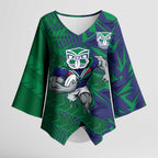 New Zealand Warriors Rugby Kimono Sleeve Blouse Fierce Mascot Geometric Tribal Art