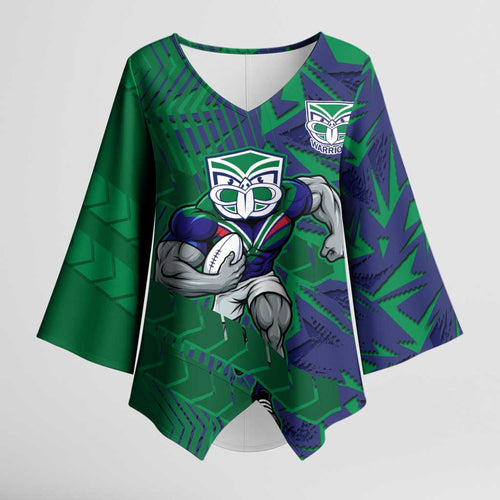 New Zealand Warriors Rugby Kimono Sleeve Blouse Fierce Mascot Geometric Tribal Art