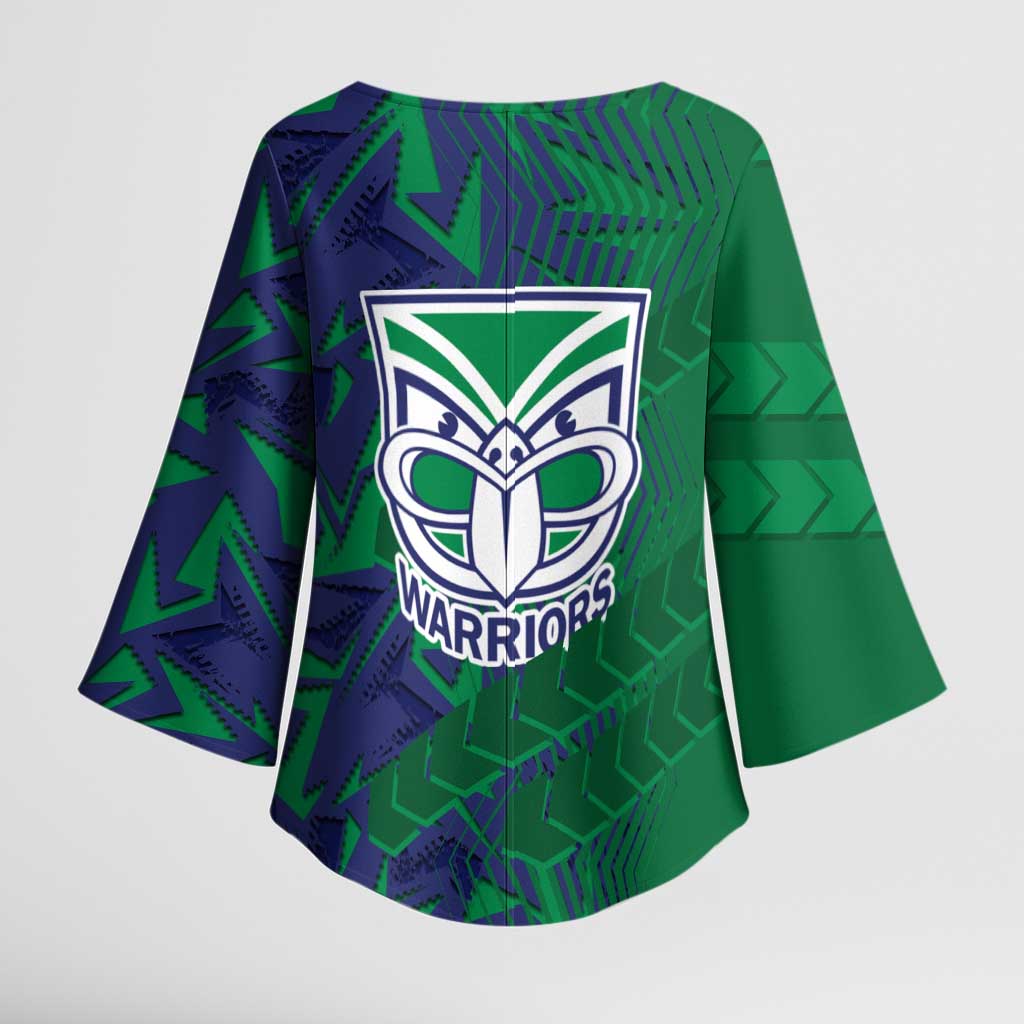 New Zealand Warriors Rugby Kimono Sleeve Blouse Fierce Mascot Geometric Tribal Art