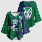 New Zealand Warriors Rugby Kimono Sleeve Blouse Fierce Mascot Geometric Tribal Art