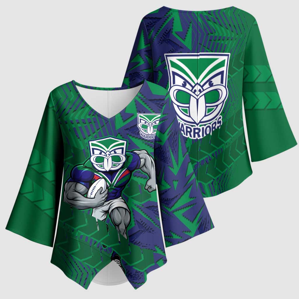 New Zealand Warriors Rugby Kimono Sleeve Blouse Fierce Mascot Geometric Tribal Art