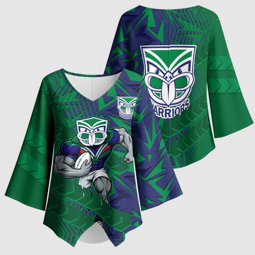 New Zealand Warriors Rugby Kimono Sleeve Blouse Fierce Mascot Geometric Tribal Art