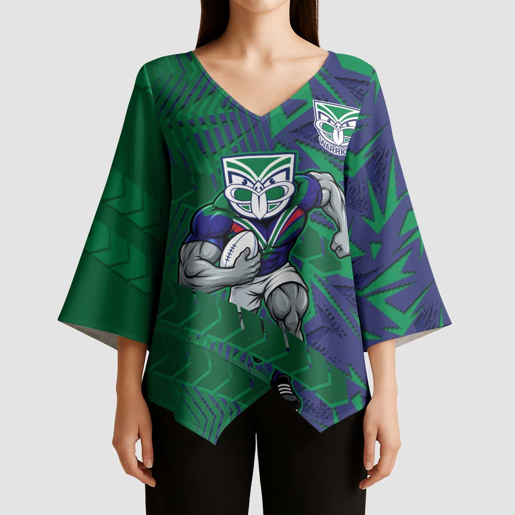 New Zealand Warriors Rugby Kimono Sleeve Blouse Fierce Mascot Geometric Tribal Art