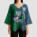 New Zealand Warriors Rugby Kimono Sleeve Blouse Fierce Mascot Geometric Tribal Art