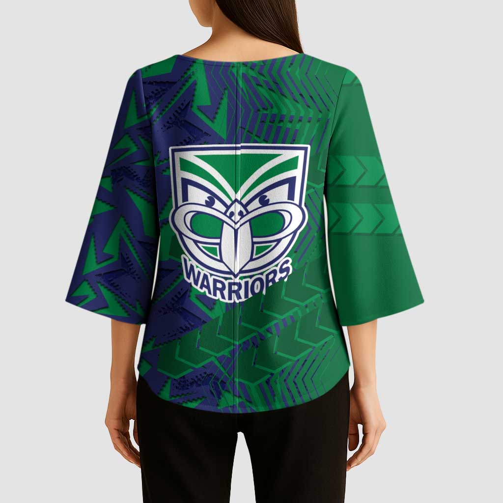 New Zealand Warriors Rugby Kimono Sleeve Blouse Fierce Mascot Geometric Tribal Art