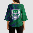 New Zealand Warriors Rugby Kimono Sleeve Blouse Fierce Mascot Geometric Tribal Art