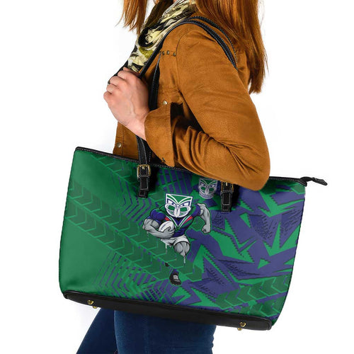 New Zealand Warriors Rugby Leather Tote Bag Fierce Mascot Geometric Tribal Art