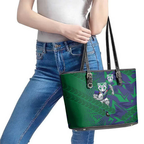 New Zealand Warriors Rugby Leather Tote Bag Fierce Mascot Geometric Tribal Art
