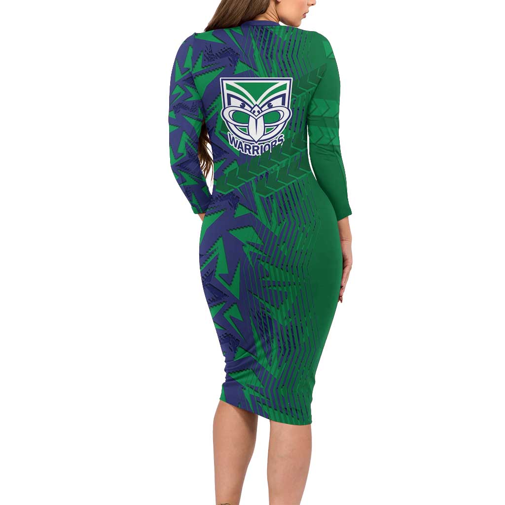 New Zealand Warriors Rugby Long Sleeve Bodycon Dress Fierce Mascot Geometric Tribal Art