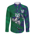 New Zealand Warriors Rugby Long Sleeve Button Shirt Fierce Mascot Geometric Tribal Art