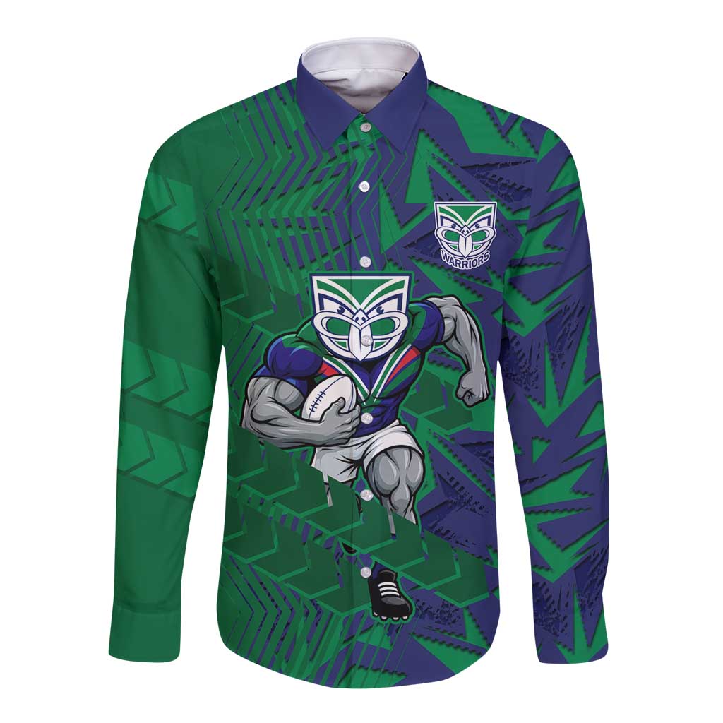 New Zealand Warriors Rugby Long Sleeve Button Shirt Fierce Mascot Geometric Tribal Art