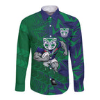 New Zealand Warriors Rugby Long Sleeve Button Shirt Fierce Mascot Geometric Tribal Art